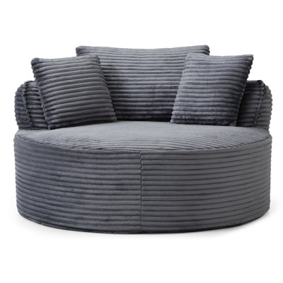 Chaise ronde avec accoudoirs modernes en velours côtelé et siège profond en mousse de velours côtelé avec 3 coussins pour le bureau de la chambre à coucher, pas d'assemblage requis, gris