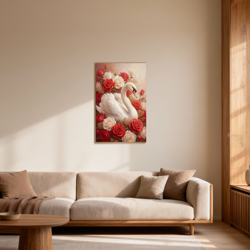 Saint-Valentin, cygnes roses, cœurs dorés, reproduction d'art sur toile, H 30 po x l 20 po