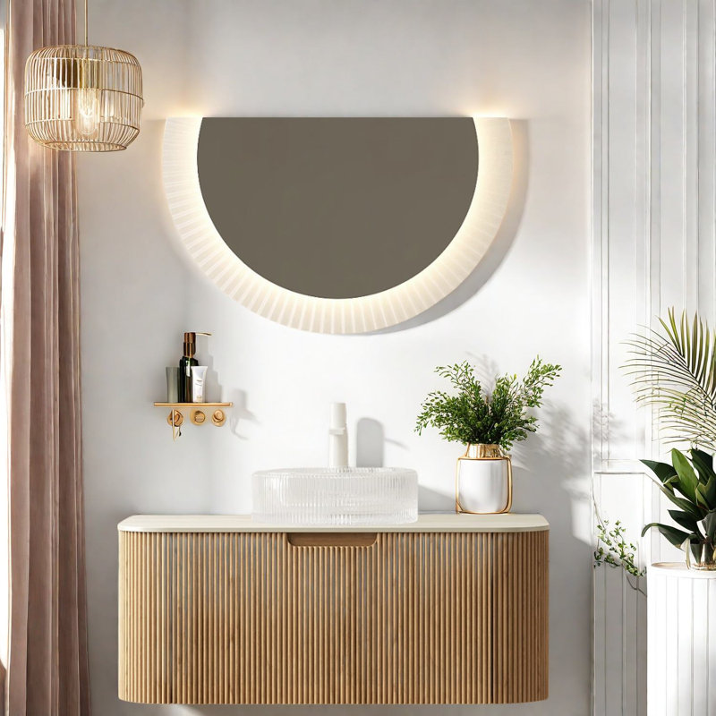 Meuble-lavabo flottant de qualité supérieure avec rangement, armoire à grain de bois et lavabo en verre pour les salles de bain modernes