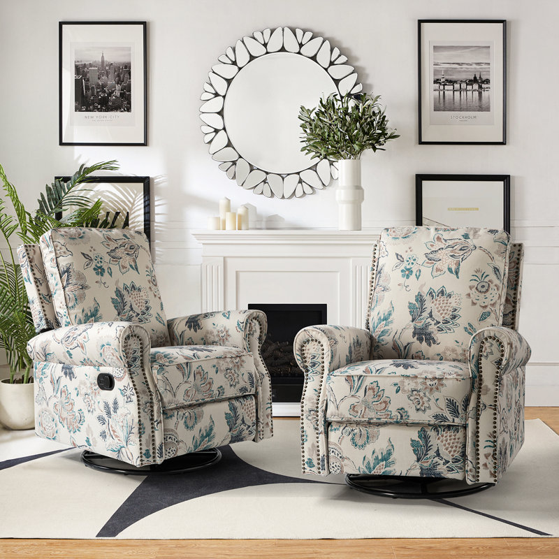 Antasia 34'' W Rocking Swivel Nursery Recliner, Teal/Cream Polyester
