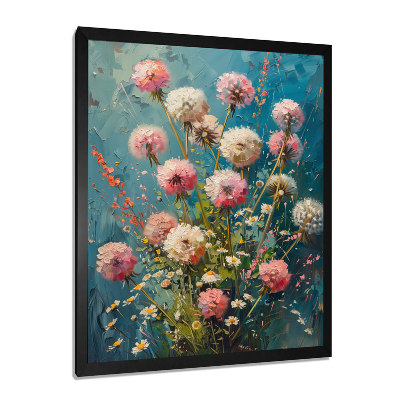 Été rose bleu pissenlit Dream I - Pissenlit, art mural, salon, H 40 po x l 30 po x P 1,5 po, Cadre simple noir