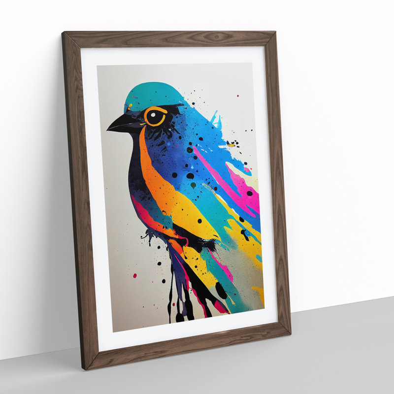 Bird Paint Drips No.5 - Print, White, 64cm H x 46cm W x 2cm D, Walnut