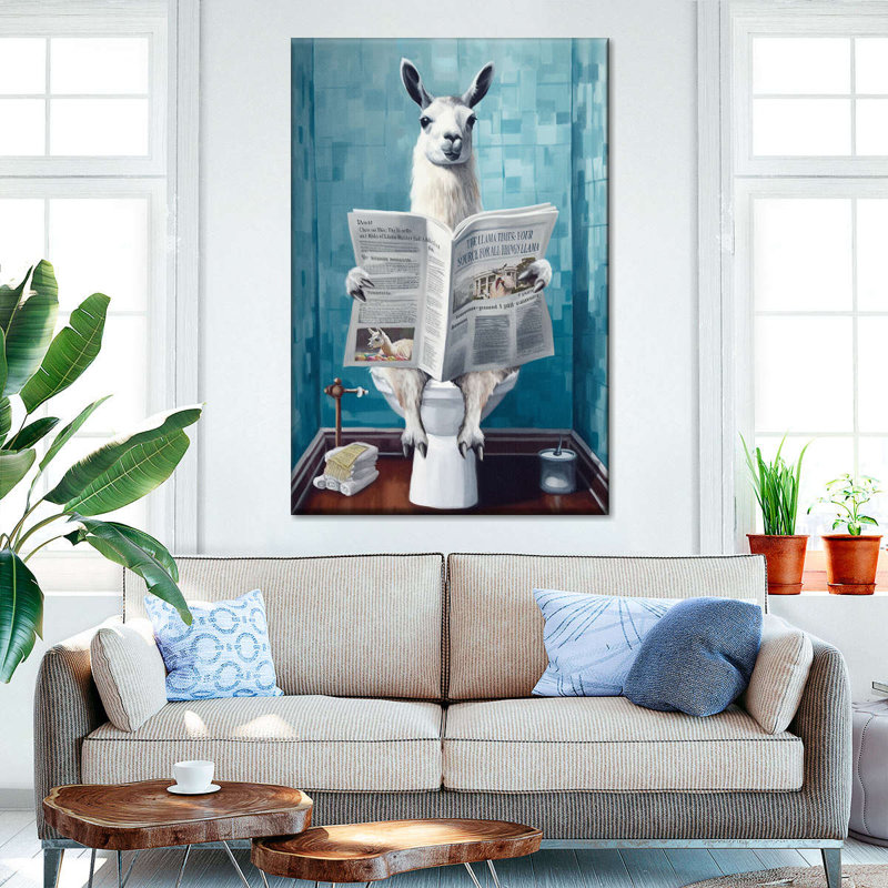 Lama sur une toilette sur toile, H 24 po x l 16 po x P 1,25 po