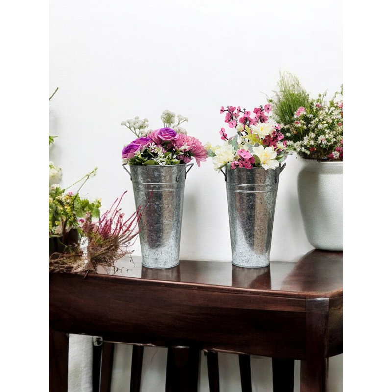 Set of 2, 9In H Galvanized Bucket/Pot Vase