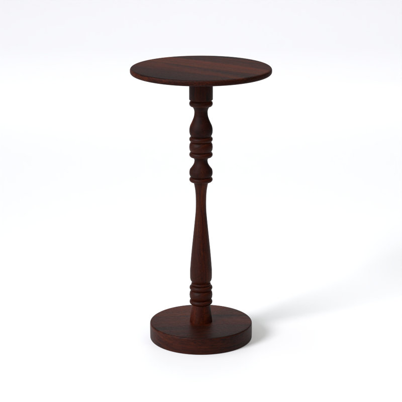 Solid Mango Wood Round Drink Table with Turned Pedestal Base, Walnut Finish, Walnut
