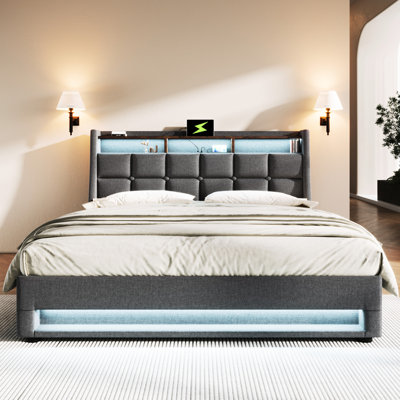 Upholstered Bed With Hydraulic Storage, Led, - Elegance Size Led Linen Covered Headboard