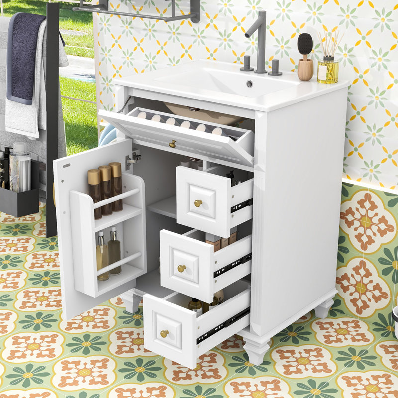 Meuble-lavabo autoportant élégant avec lavabo en céramique, tiroir rabattable, tablette réglable et support de rangement