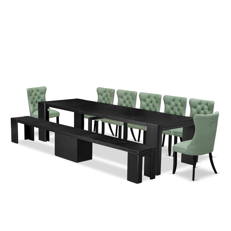 Ensemble de table de salle à manger 9 pièces Modern Xtenczar, Noyer antique, 9 pièces: table, banc, 7 chaises, Vert saule