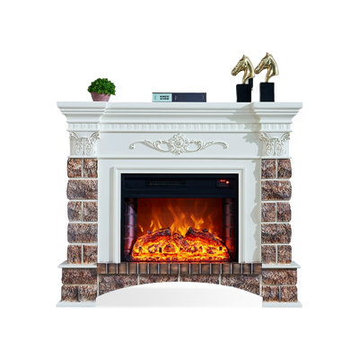 Beige Solid Wood Electric Fireplace