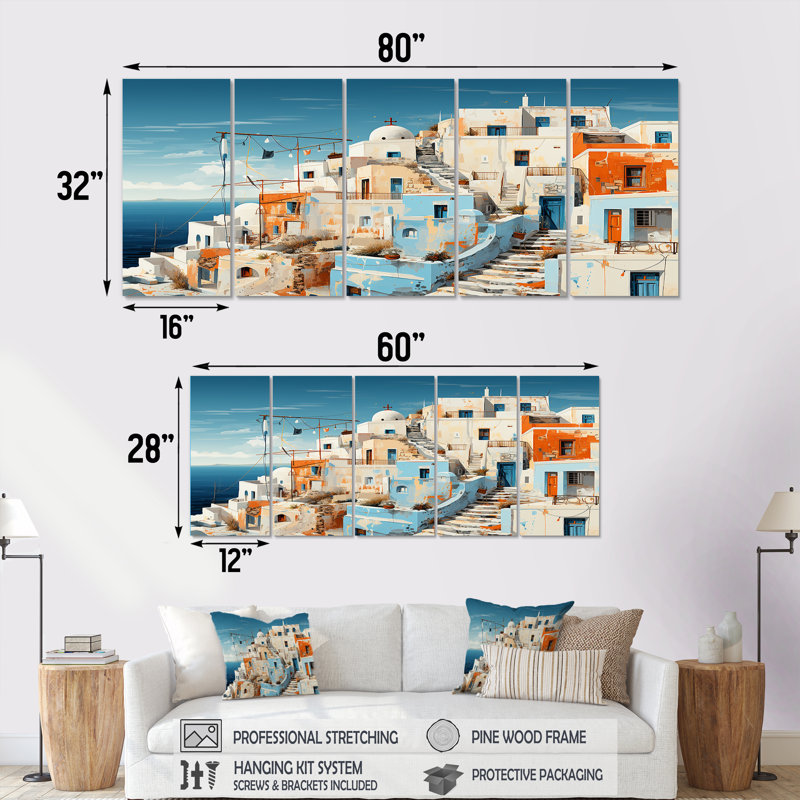 Ensemble d'art mural 5 pièces Santorini Grèce III - Santorini, H 28 po x l 60 po