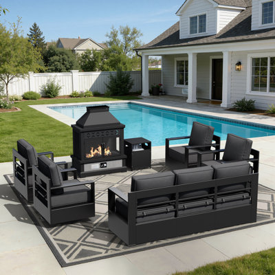 7-Seater Aluminum Patio Conversation Set with Gas Fireplace & Tank Cabinet,Gray Cushioned Sofa & Chairs