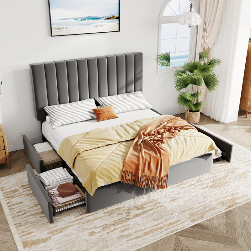 Lit plateforme tapissier en velours avec tête de lit réglable et 4 tiroirs, Double , Gris brumeux