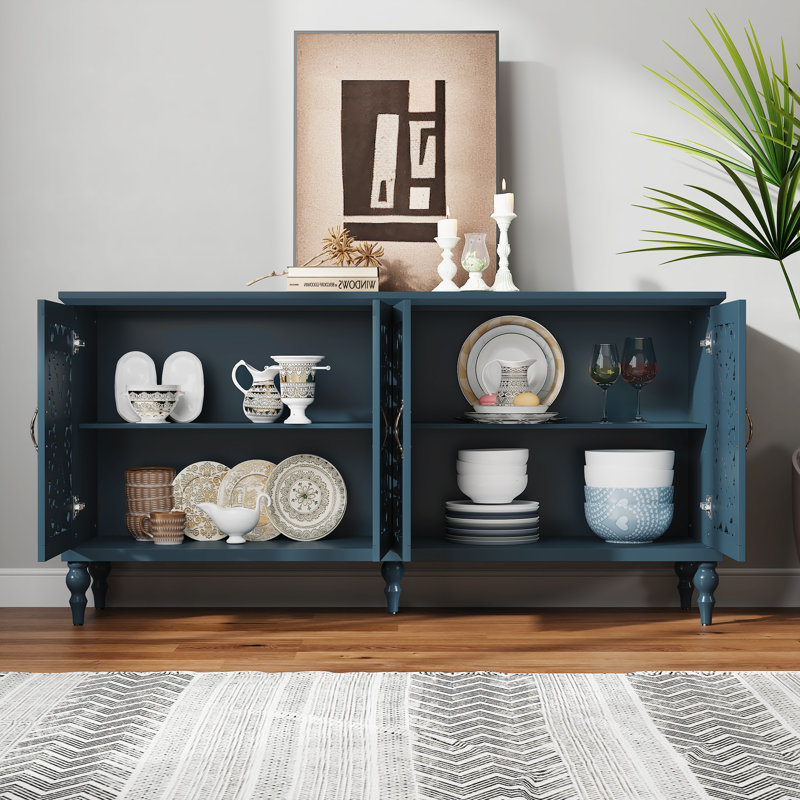 Buffet rétro 62 "avec tablettes réglables et 4 portes, buffet avec creux sculpté, Bleu