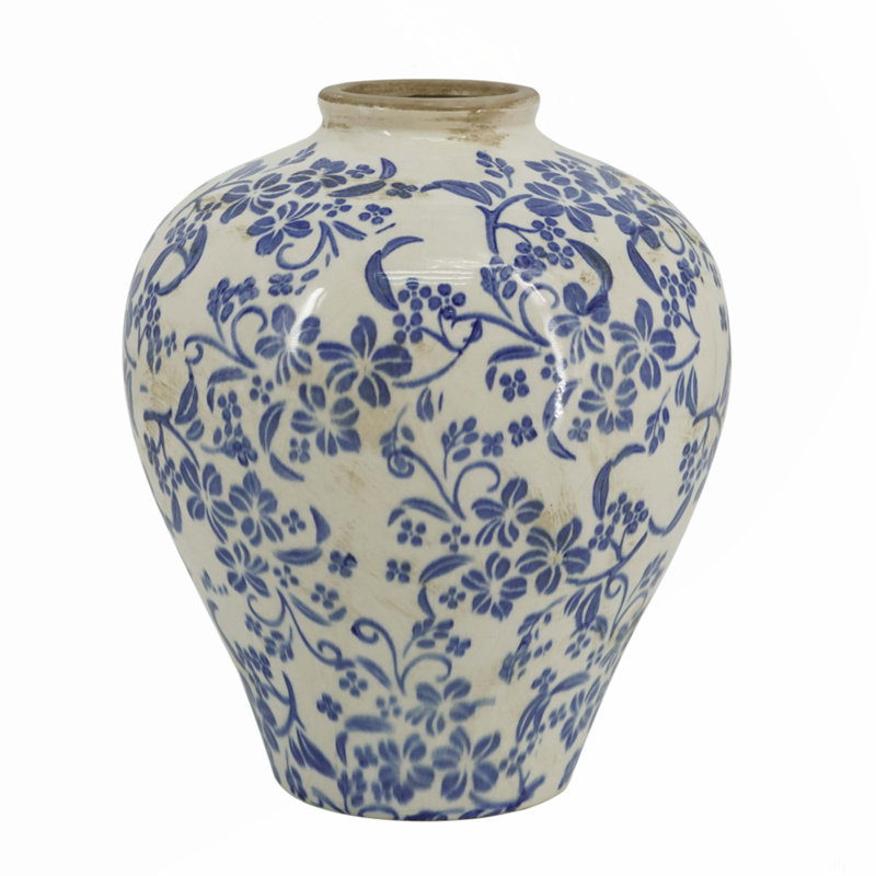 Round Ceramic Vase With Distressed White Finish And Blue Floral Motif, overall height- 11"