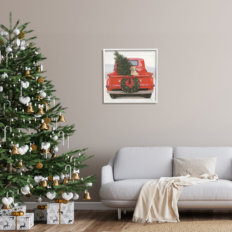 «Festive Dog In Truck On Wood» par James Wiens, Giclée encadrée blanc bord de mer, H 24 po x l 24 po x P 1,5 po