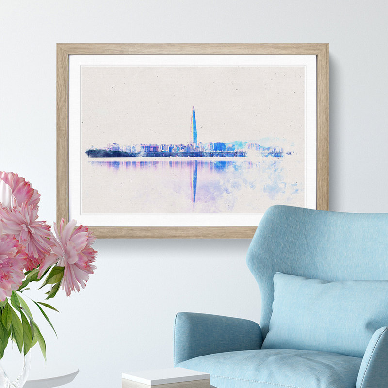 Seoul Skyline in South Korea - Picture Frame Painting Print, 45cm H x 63cm W x 2cm D, Oak Framed