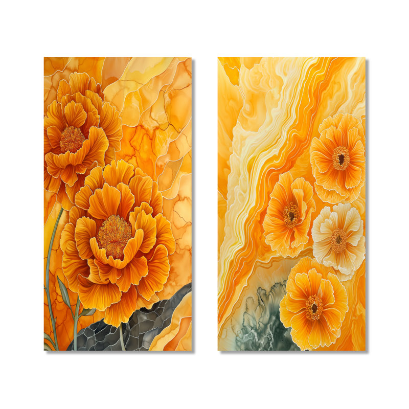 Fleurs d'œillets sur une rivière Geode - ensemble d'art mural floral en métal sur 2 - imprimé sur métal, 32" H x 32" W