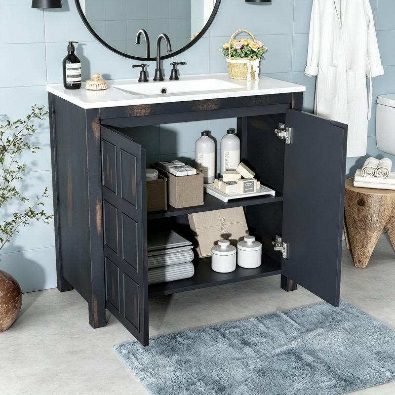 Organisateur de meuble-lavabo de salle de bain espresso rétro avec lavabo en céramique, rangement spacieux et savoir-faire artisanal pour un charme intemporel