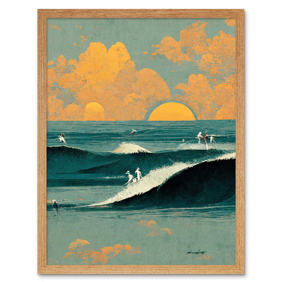 Surfers Surfing Chasing Waves Sunset Abstract - Print