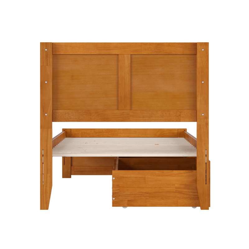 Lit plateforme en bois massif Jeinny avec pied de lit et tiroirs de rangement assortis, Simple TG, Caramel clair