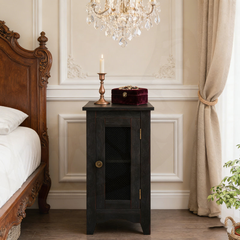 Table d'appoint rectangulaire étroite avec armoire de rangement et porte grillagée en métal pour une polyvalence compacte.