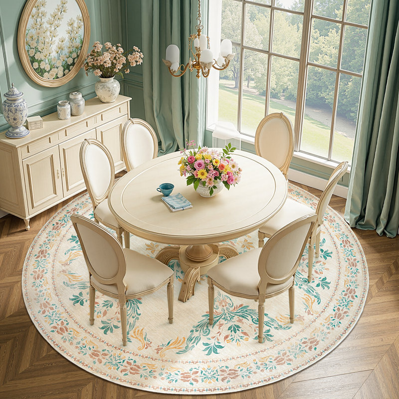 Vintage Floral Distressed Design Non-Slip Low-Pile Soft Thin Faux Wool Area Rug, Round 7'