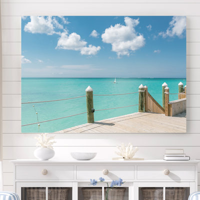 «Mccutchen Crystal Blue Caribbean View of Sailboat from Pier», reproduction de photo sur toile tendue