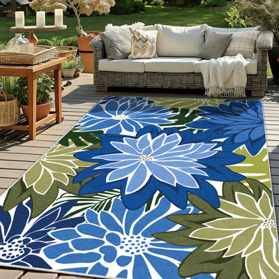 ZonLi Tropical Floral Indoor/Outdoor Rug, 9' x 12', Blue/Green, Waterproof, Washable, Non-Slip