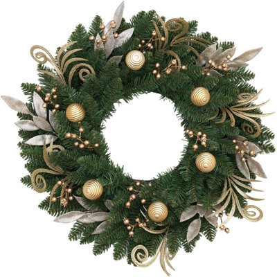 Couronne de Noël de 61 cm (24 pouces) pour porte d'entrée et fenêtre - Couronne rustique de style champêtre avec décorations (boules et baies), décoration intérieure - Boule spirale dorée, feuille d'oignon vert argentée