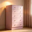 Commode 6 tiroirs en bois avec poignées dorées, armoire de rangement haute pour chambre à coucher et salon - finition rose Macaron
