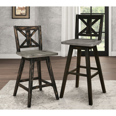 De 2 chaises pivotantes noires à hauteur de comptoir, en bois massif et en bois d'hévéa de style rustique (2)