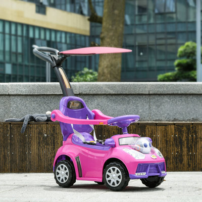 Push Car For Kids 1-3 Years, 3 In 1 Ride On Sliding Car, Foot To Floor Baby Push Car With Removable Handle, Music, Horn, Canopy, Safety Guardrail, Pink