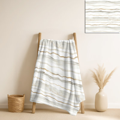 Jeté gris et blanc Pearl Lines II - peluche rayée, jeté en molleton minimaliste