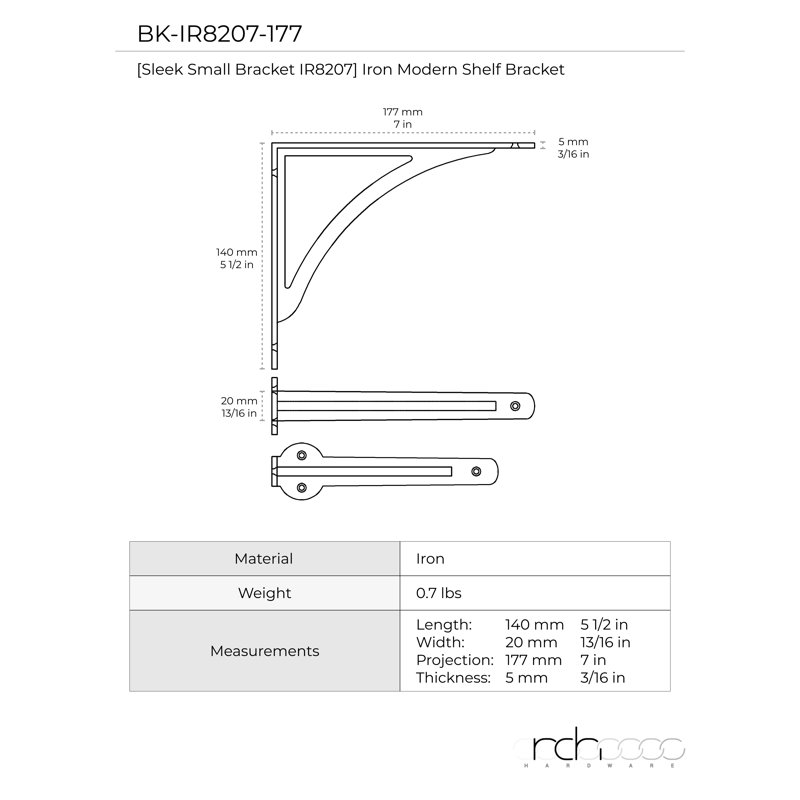Modern Sleek Shelf Bracket BK-IR8207 from RCH Supply Co, 7" H x 0.9" W x 10" D, Gray