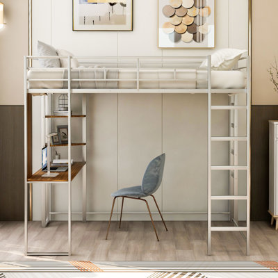 Lit mezzanine double en métal pleine grandeur argenté avec bureau et tablettes