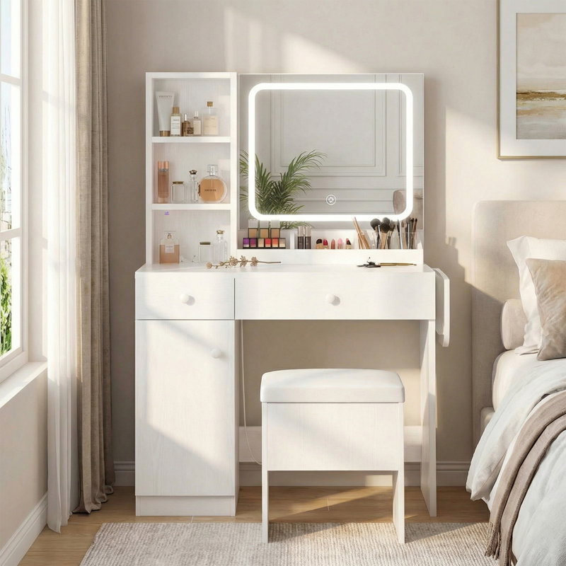 Vanity Desk Set With Led Lighted Mirror & Power Outlet, Makeup Table Top with 3 Open Bookcases, 3 Cubbies, 2 Drawers, Dresser Table for Bedroom, Checkroom