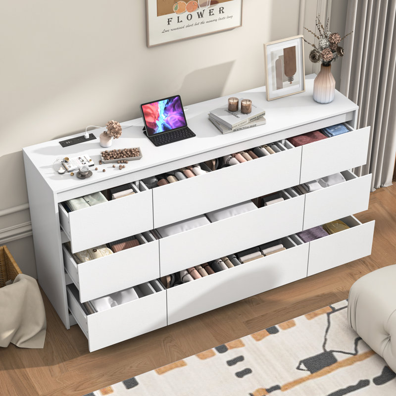 White 63-Inch Modern Wood Dresser with Charging Station