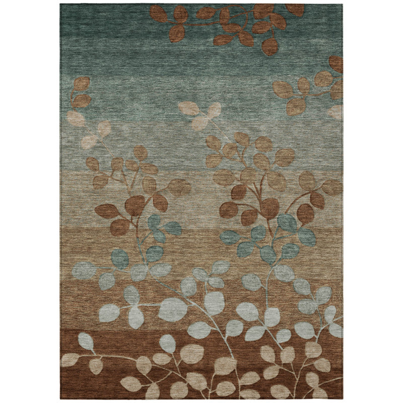 3' X 5' Brown And Teal Blue Floral Washable Indoor Outdoor Area Rug