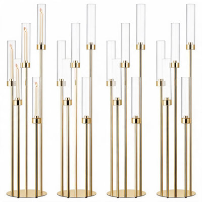 2 candélabres de sol en or à 5 bras de 42,5 pouces avec bougie en métal et abat-jour en acrylique pour la fête d'anniversaire de mariage