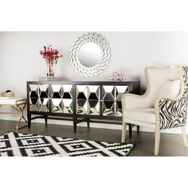 Legault Mirrored 4-Door Buffet Table – 72" Glam Sideboard with Spike Design and Interior Shelving, Black