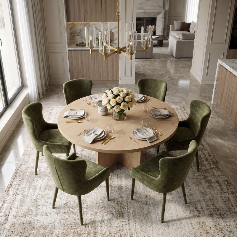 Ensemble de salle à manger rond de 60 pouces en placage de bois avec piédestal et fauteuils à oreilles en chenille
