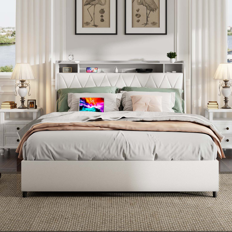 Full Size Bed Frame with Ergonomic Headboard, Full Platform Bed Frame with Outlets & Charger, Full Bed Frame with Storage Shelf, Bed Frame Full Size, Noise-Free, No Box Spring Needed