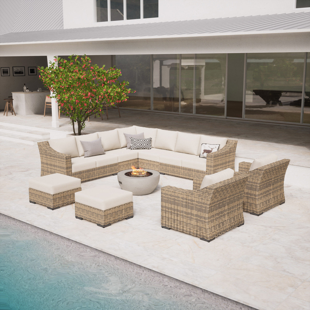 Eloisa Wicker 11 - Person Patio Conversation Set with Cushions, Tan, Beige, Yes