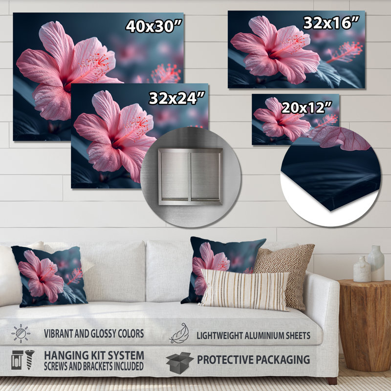 Rose, oasis tropicale, hibiscus - art mural hibiscus, Sans cadre, métal, H 24 po x l 32 po