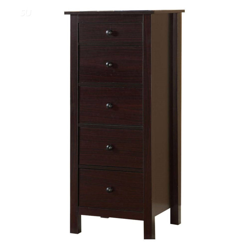 Commode compacte 5 tiroirs transitionnelle espresso pour petits espaces de vie et chambres à coucher, maximisant le rangement avec style