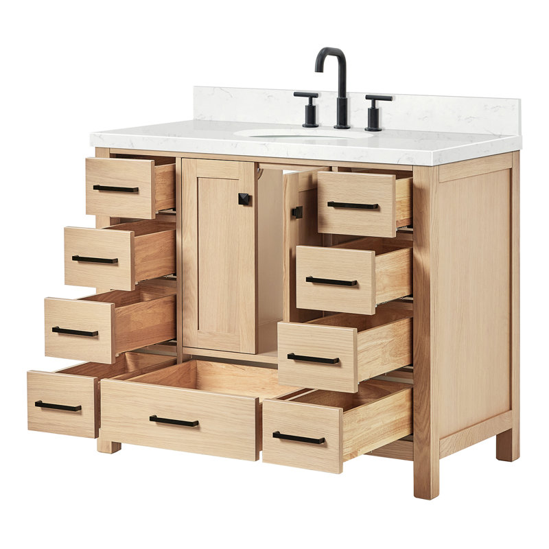  Meuble-lavabo simple 42,25 po avec comptoir en quartz, Chêne / noir mat