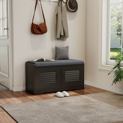 28.74'' Black Shoe Storage Bench with Cushion - Entryway Bench with Storage Cabinet and Adjustable Shelves for Hallway Organization