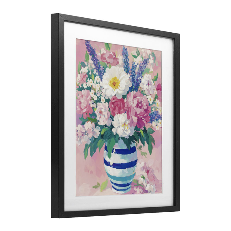 «Springtime Joy Florals over Pink», reproduction sous verre encadrée, design par Petal Prints Design, Cadre noir minuit