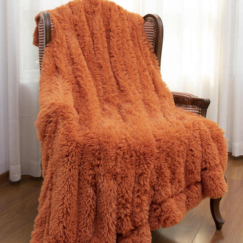 Rust Orange Reversible Faux Fur and Fleece Throw Blanket 60" x 70"