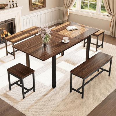 Ensemble de salle à manger extensible 5 pièces pour 4 personnes, plateau rétractable en MDF avec cadre métallique robuste, banc et tabourets assortis, mobilier de salle à manger flexible et peu encombrant pour les cuisines compactes